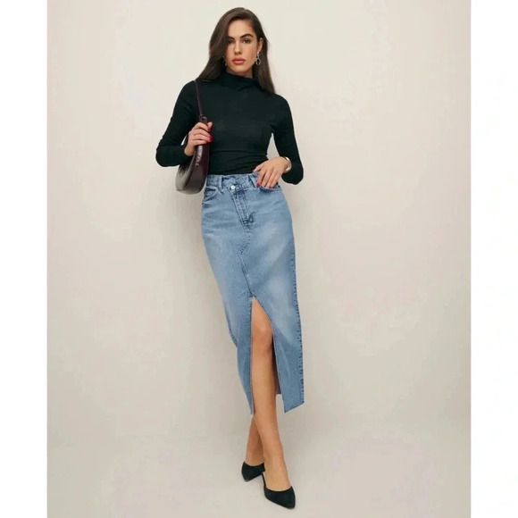 Reformation Nila Long Denim Skirt in Medium Wash Jean Blue Galway 24 - Picture 13 of 16